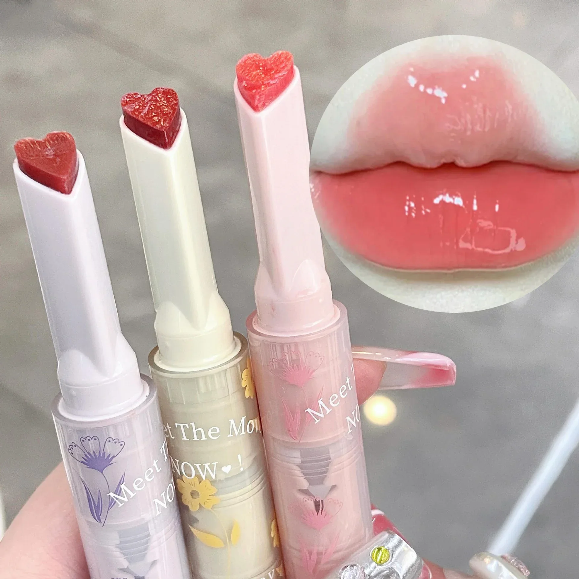 Brillo de labios de cristal brillante para mujer, Pintalabios con forma de corazón y Flor de amor, resistente al agua