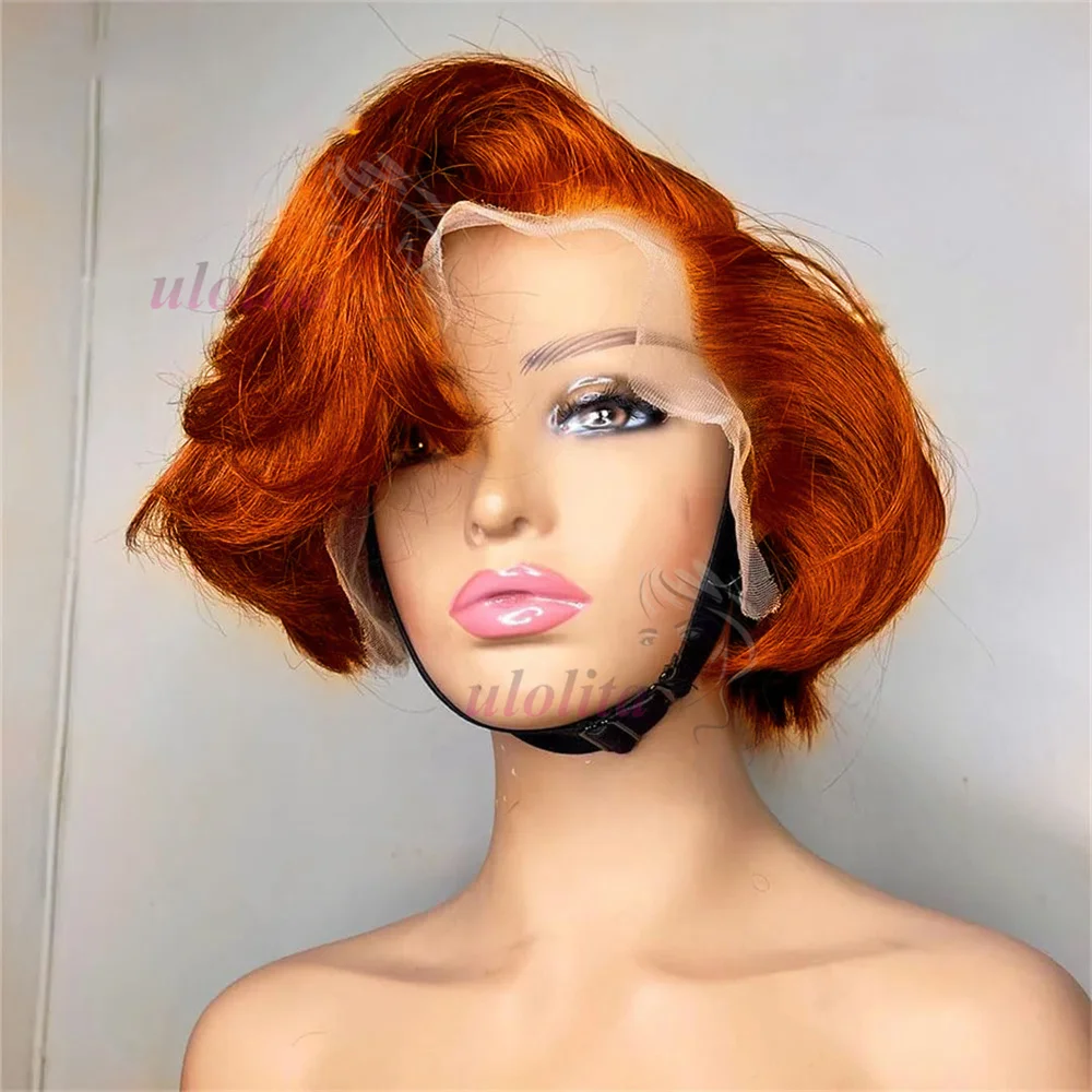 Ginger 13x4 Lace Frontal Perücke aus brasilianischem Remy Echthaar für schwarze Frauen, gewellter, vorgezupfter Haaransatz, 613 kurzer Bob mit Pony – Detail 2