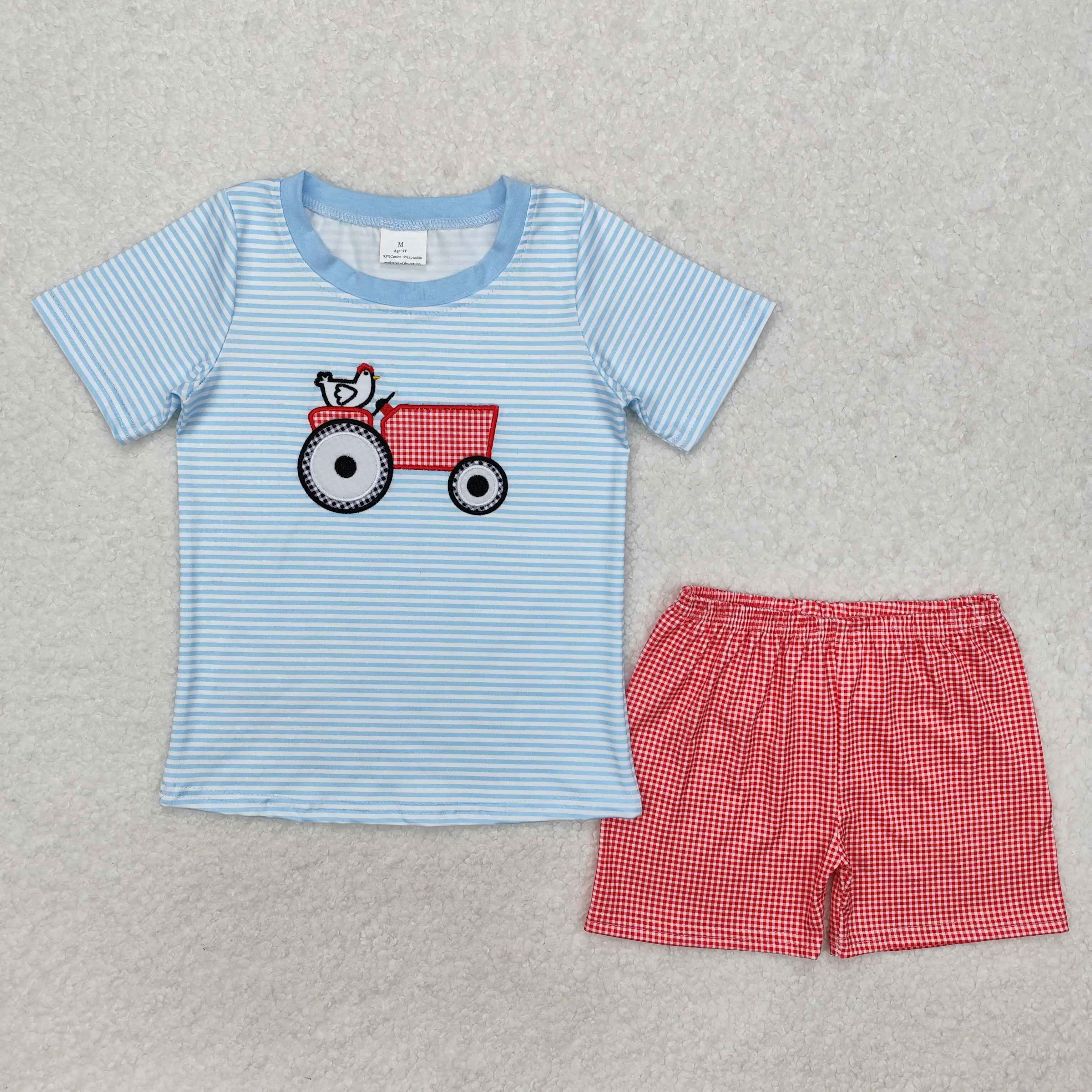 

New rts baby boy summer suit wholesale boutique embroidered chick tractor blue striped short sleeve red plaid shorts set