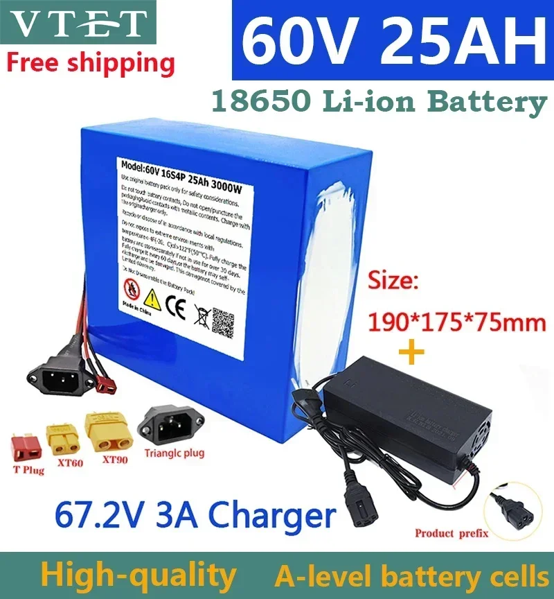 

New 60V 25Ah Electric Bike 21700Battery for Scooter Motorcycle 67.2V 16S4P 3000W Rechargeable Battery with Same Port BMS+Charger