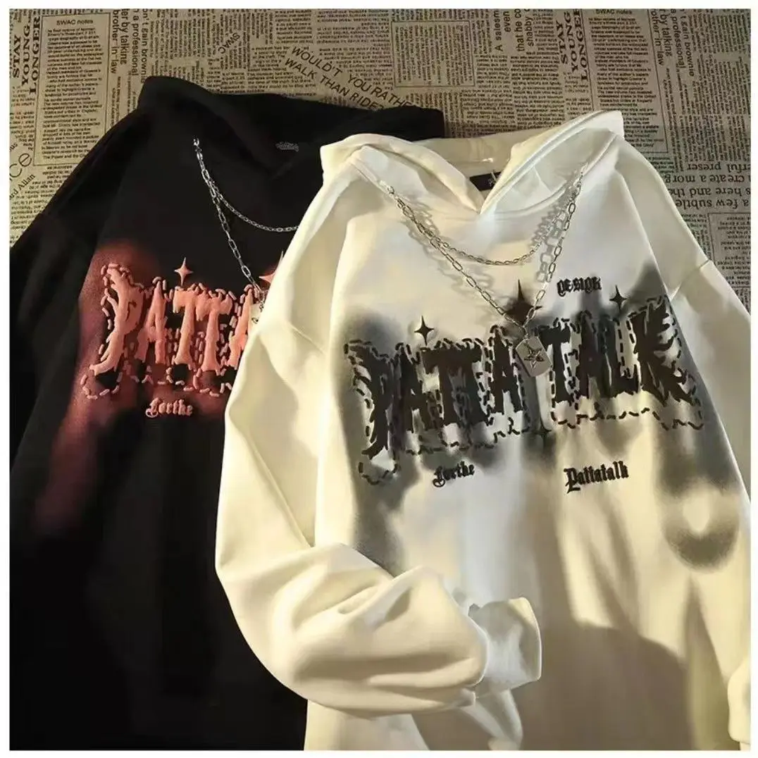 

Новинка 2023 года, зимняя толстовка с капюшоном, женская одежда, Y2k, одежда с буквенным узором, цепочка, ожерелье, украшение, одежда, женские толстовки, топ с капюшоном