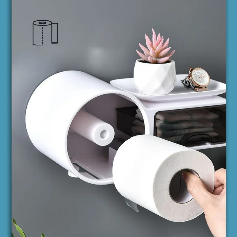 1 Pc Shelf Wall Hanging Multi-functional Paper Box Waterproof Bathroom Perforation-free Hanging Wall Toilet Tissue Storage