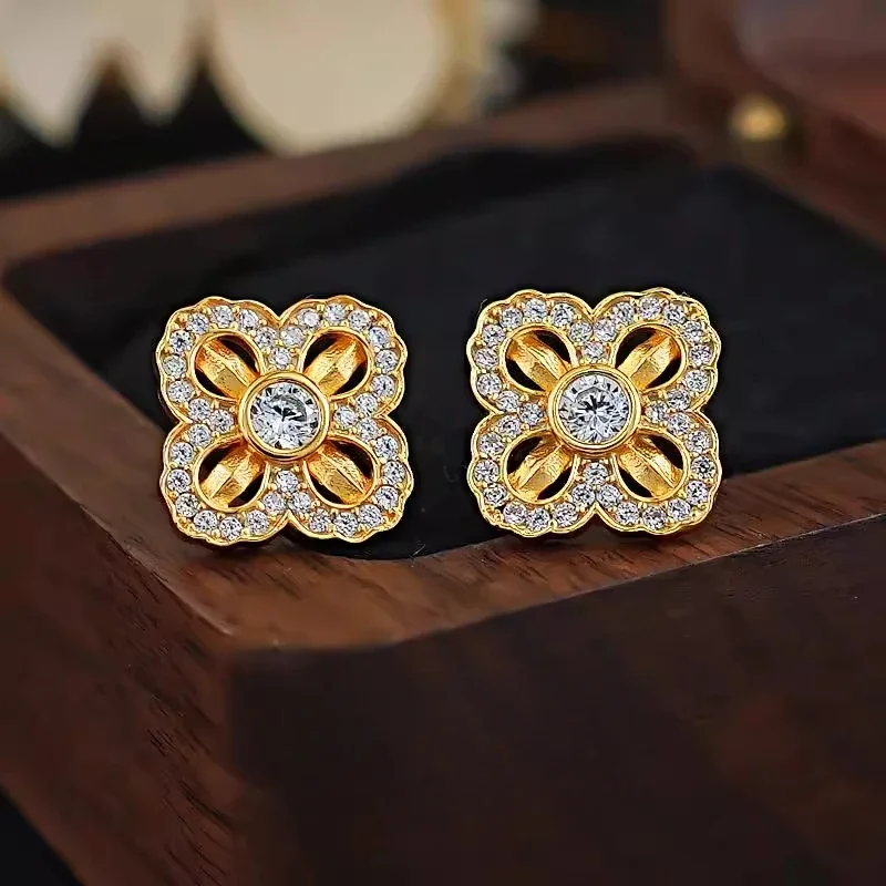 Ancient Gold Dot Diamond 925 Silver Clover Earrings for Women, Fashionable Instagram Style Diamond Temperament, Niche Earrings