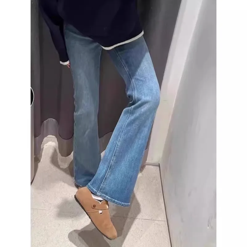 High Waist Bell Bottom Jeans Women's Elastic Slimming Stretch Cotton Denim High Rise Flared Pants Spring Summer Blue Wash