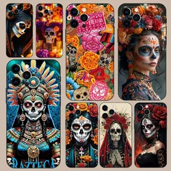 Day of the Dead Mexican Catrina Skull Phone Case For iPhone 16,15,14,13,12,11,Pro,X,XS,Max,XR,Plus,Mini Soft Black Cover