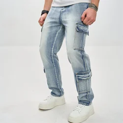 Stylish Multiple pockets Men Loose Cargo Jeans Trousers Motorcycle Male Solid Carpenter Casual Straight Denim Pants