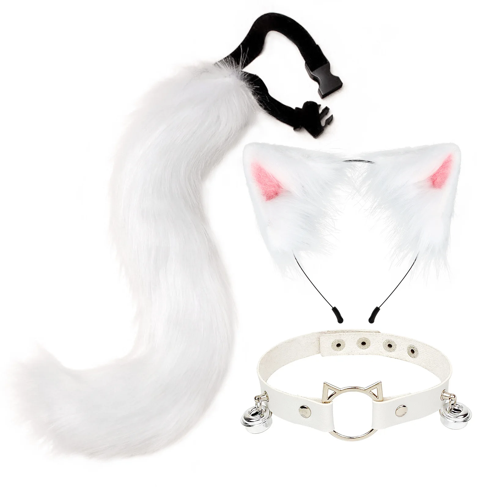 Diadema con orejas de gato Lolita para mujer, ropa de cuello con lazo, cola de gato de felpa, accesorios de disfraz de Cosplay de Anime para fiesta de Halloween