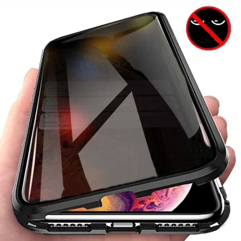 

New Magnetic Tempered Glass Privacy Metal Case For Iphone 15 14 13 12 Xr 11 Pro Max X 7 8 6 Plus 360 Magnet Antispy Protective