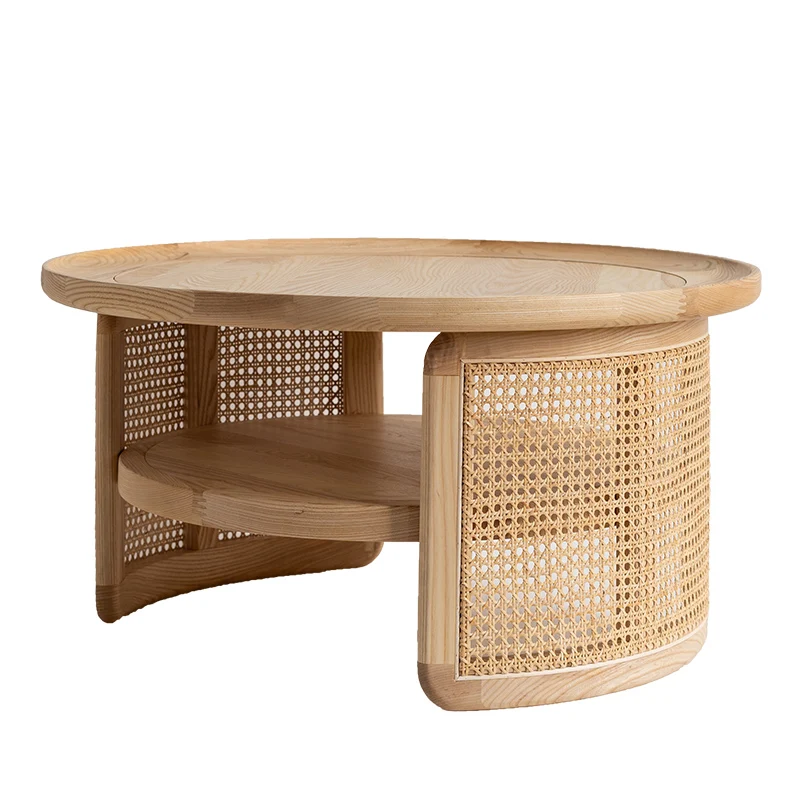 

Nordic round coffee table Japanese modern simple ash solid wood rattan tea table small apartment living room furniture