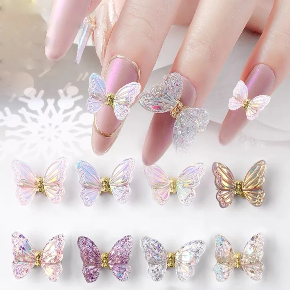 5Pcs/Lot Aurora Butterfly Nail Nails Art Charm 3D Shinying Moving Crystal Butterfly Nail Jewelry Parts Nails Decoration For Girl