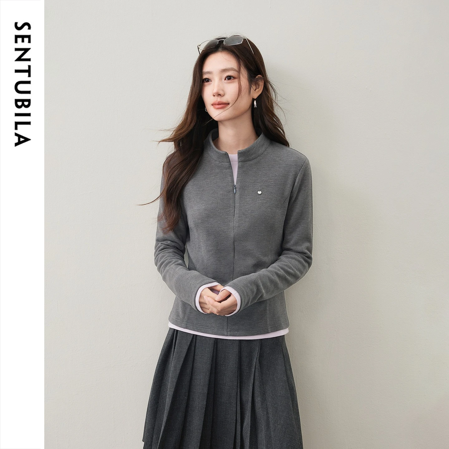 SENTUBILA Women's Long Sleeve Tops Mulberry Silk Wool Blend Half‑Zip 2026 Winter Slim Fit Base Layer Inner Wear Shirt 164SF7937