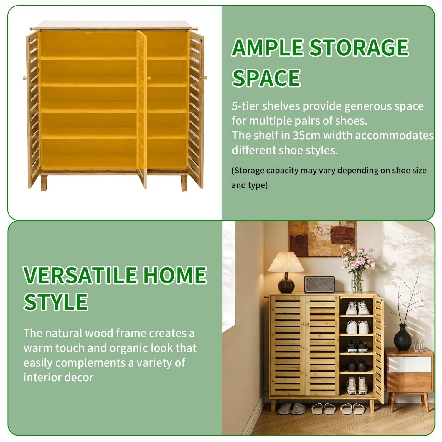 2 Or 3 Doors Bamboo Shoe Storage Cabinet 5 Tiered Shelves Organizer Rack for Entryways Hallways with Ventilated Slatted