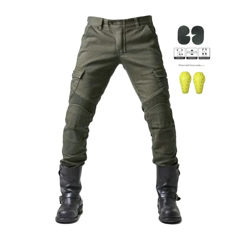 Motorcycle riding pants men's summer locomotive anti-drop knight equipment four seasons elastic denim army green racing pants