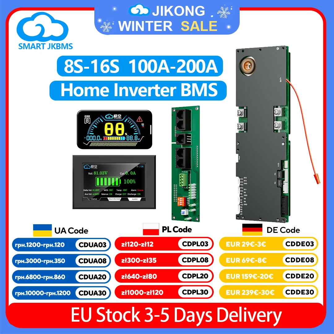 JIKONG BMS 8S-16S 24V 48V Li-Ion LiFePo4 Battery Smart BMS 100A 150A 200A Household Energy BMS to Inverter Active Balancer 1A 2A