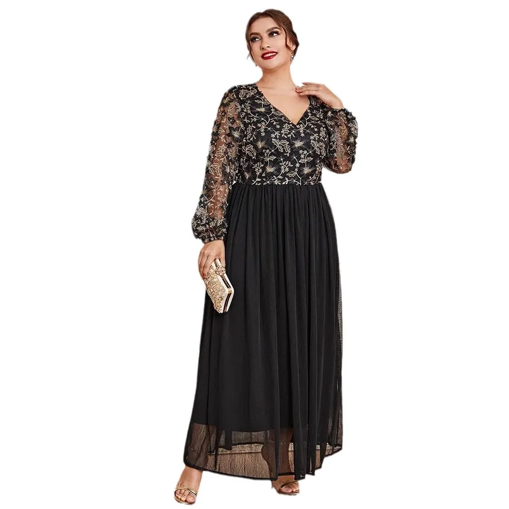 Dress Temperament V-neck Black Splicing Long Middle Eastern Arabic Long Dress 2026 Spring And Summer Trend Temperament
