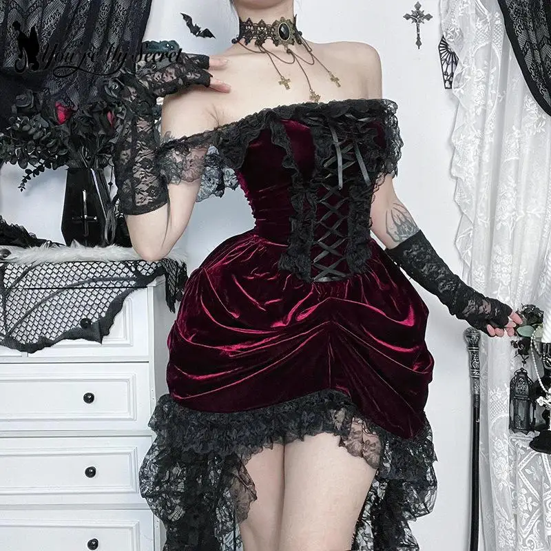 [Eres mi secreto] vestido largo sexi de terciopelo rojo oscuro para chica, falda elegante de encaje de cintura alta, ropa de mujer, vestido de fiesta 2025