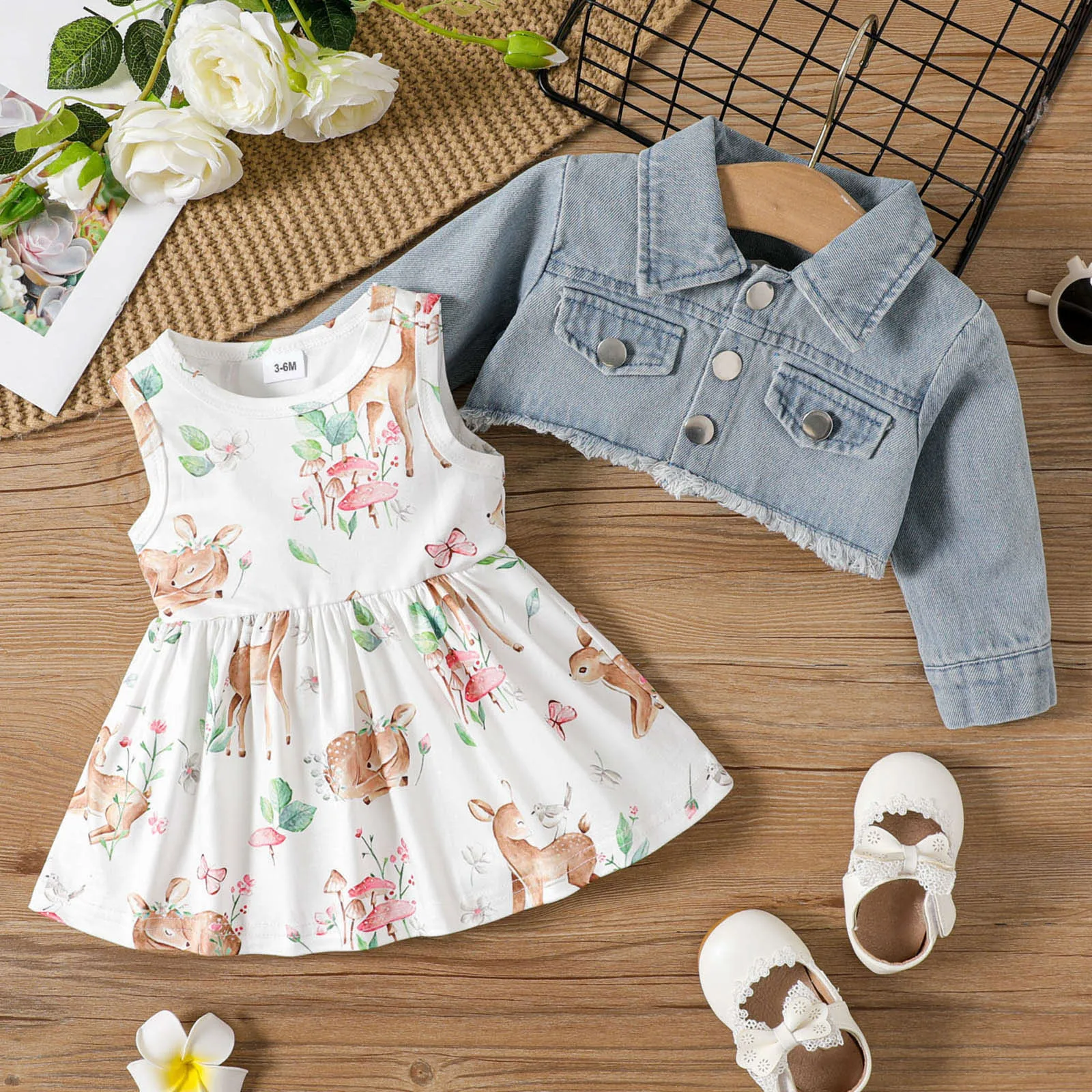 Newborn Girls Long Sleeve Denim Jacket Cartoon Fawn Prints Ruffles Dress Two Piece Outfits Sets For Girls Outfit Sets 3 6 12 24M