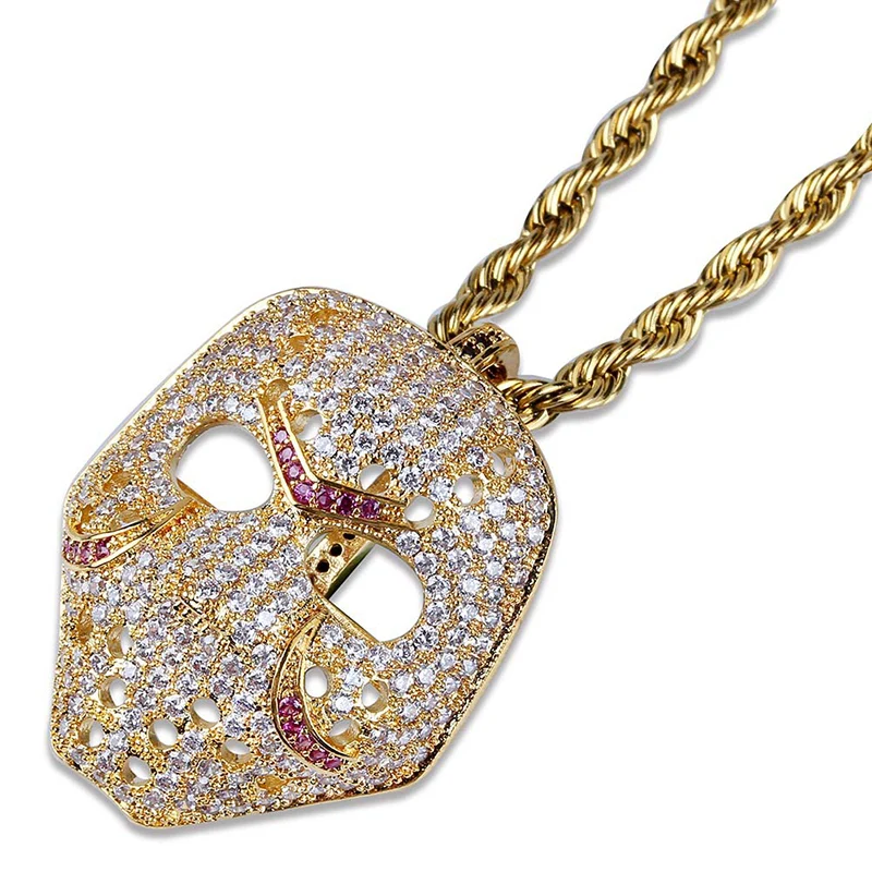 Hip Hop Micro Paved AAA Cubic Zirconia Iced Out Bling Mask Pendants Necklace for Men Women Rapper Jewelry Rose Gold Silver Color