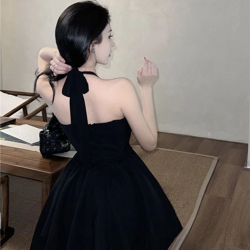 Sexy Black Dress Women Fashion New Korean Halter Slim A-line Girdling Y2k Backless Lace-up Sleeveless Party Dress