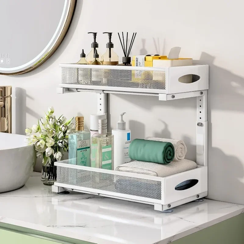 Under Sink Organizer, 2 Tier Pull out Cabinet  Baskets with Mesh Sliding Drawers, Slide out Storage Shelf for Home