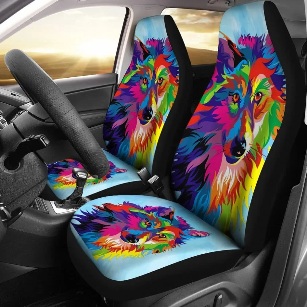 Rainbow Wolf Car Seat Covers,Pack of 2 Universal Front Seat Protective Cover