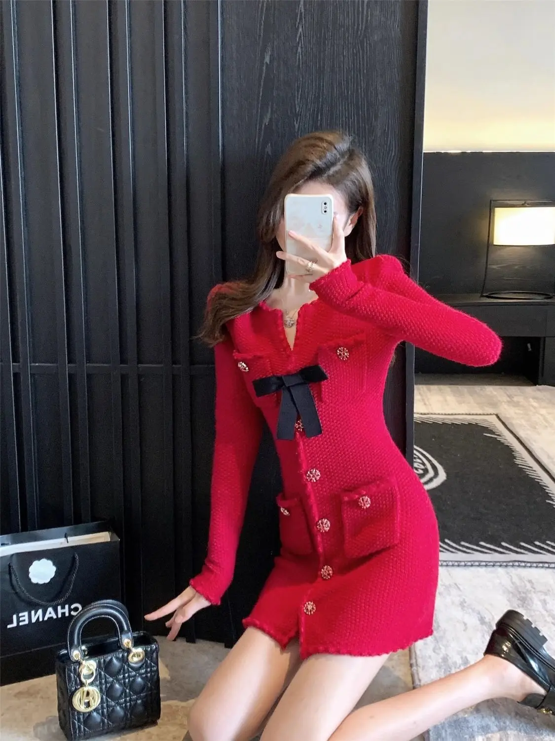 Gagarich French Style Beautiful New Robe High-end Feel Christmas Red Base Elegant Style Dress Lady Autumn Winter Vestidos