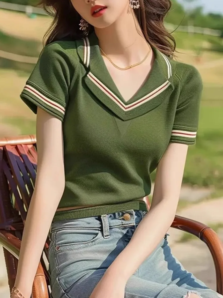 2025 verão moda camisola topos mulheres de malha camisetas malhas manga curta com decote em v casual elegante senhoras jumpers