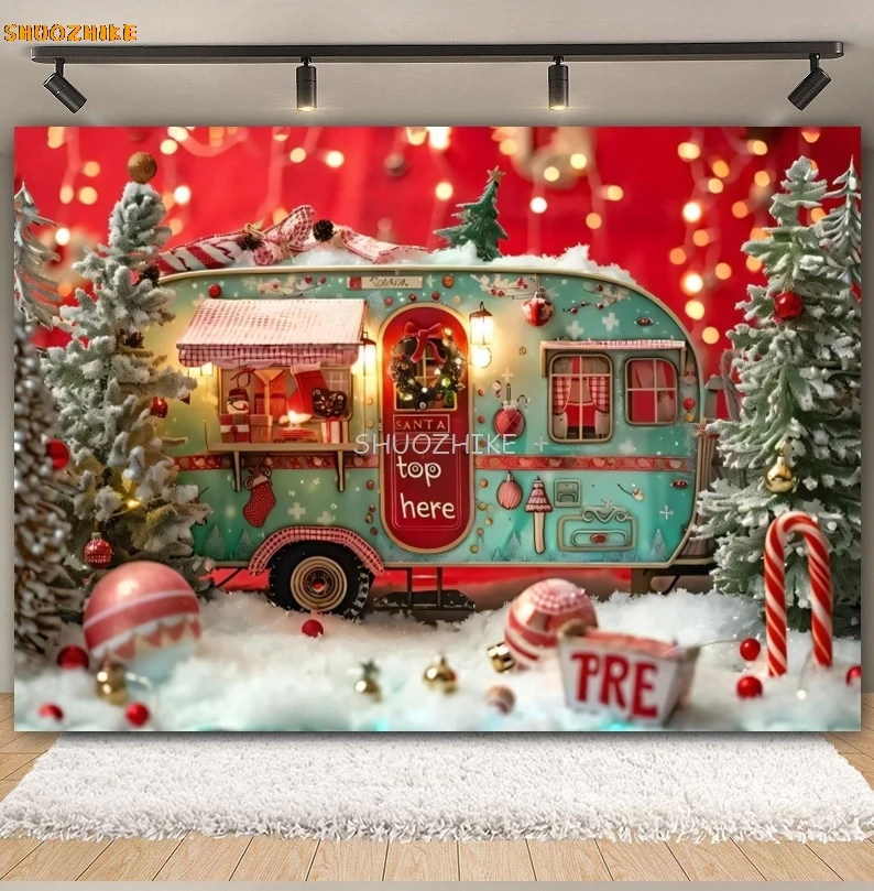 Sfondo fotografico per camion di Natale Albero di Natale Foresta invernale Neve Canna di zucchero Regali Ritratto per bambini Sfondo fotografico per feste in famiglia