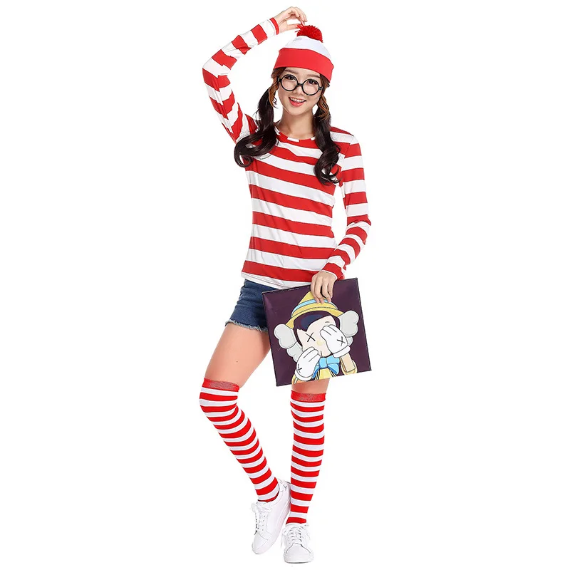 

Where's Wally Waldo TV Cartoon Stag Night Outfit Adult Red Stripe Shirt women Fancy Dress Halloween Christmas Costume