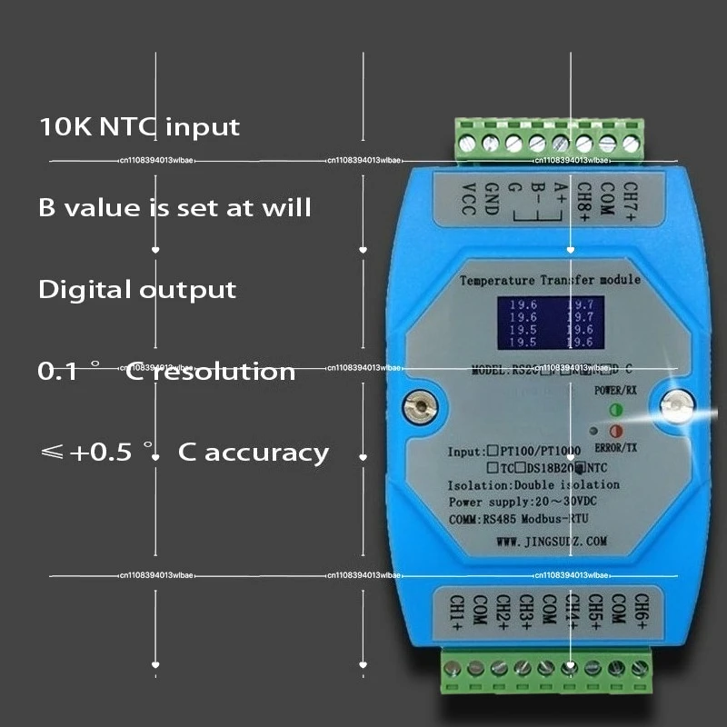 8-way NTC Temperature Transmitter 10K Thermistor To RS485 Acquisition Module Supports PLC RS20N-C