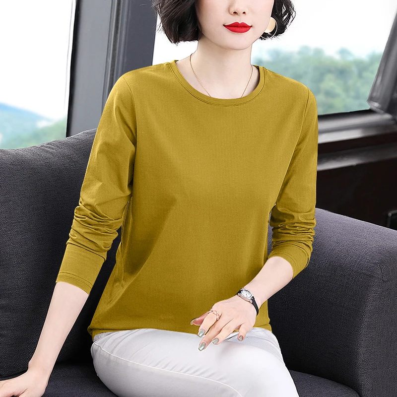 

Long Sve round Ne Base irt Women's 2024 New Sle Premium Mom's Wear Early Autumn Faion T-irt Elastic Pure Color