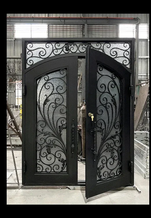 Prettywood Retro Villa Main Entry Door Exterior Rustic Arch Decorative Grille Double Wrought Iron Entrance Front Doors