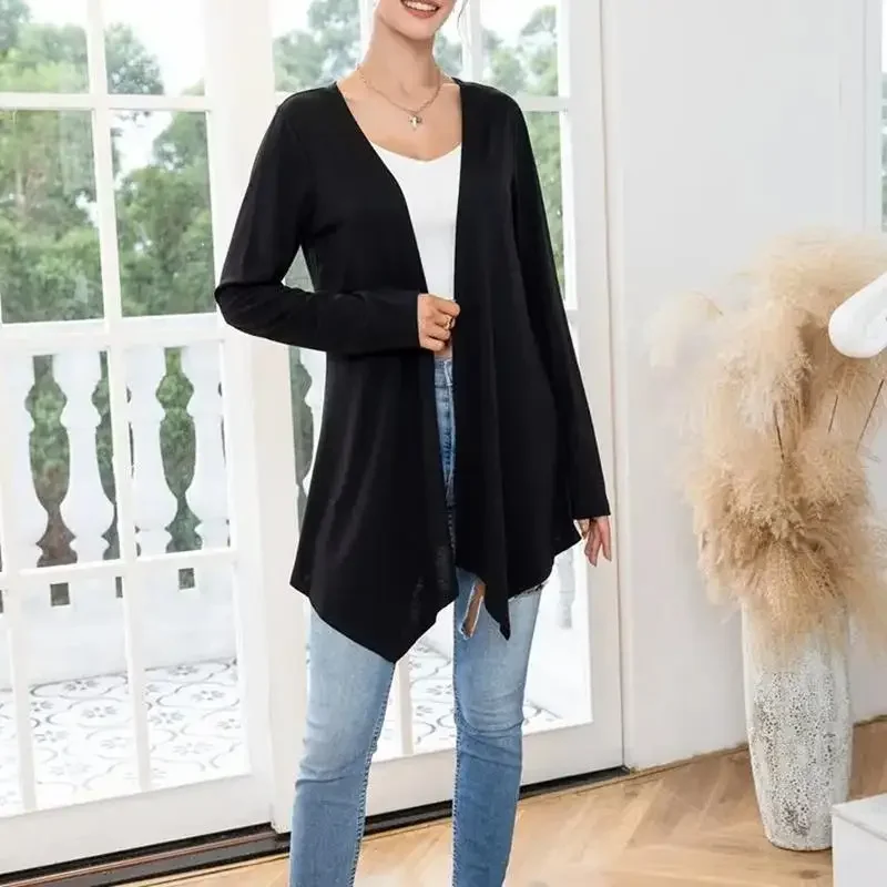 Spring Women\'s New Fashionable Temperament Plus Size Solid Color Long Sleeved Cardigan Long Top