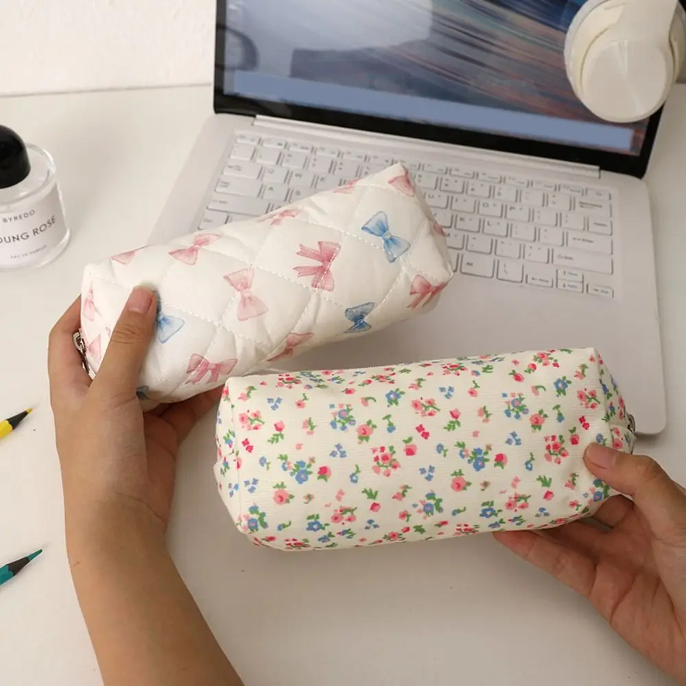 

Simple Bowknot Floral Print Pen Bag Large Capacity Multifunctional Stationery Bag Portable Storage Bag Students