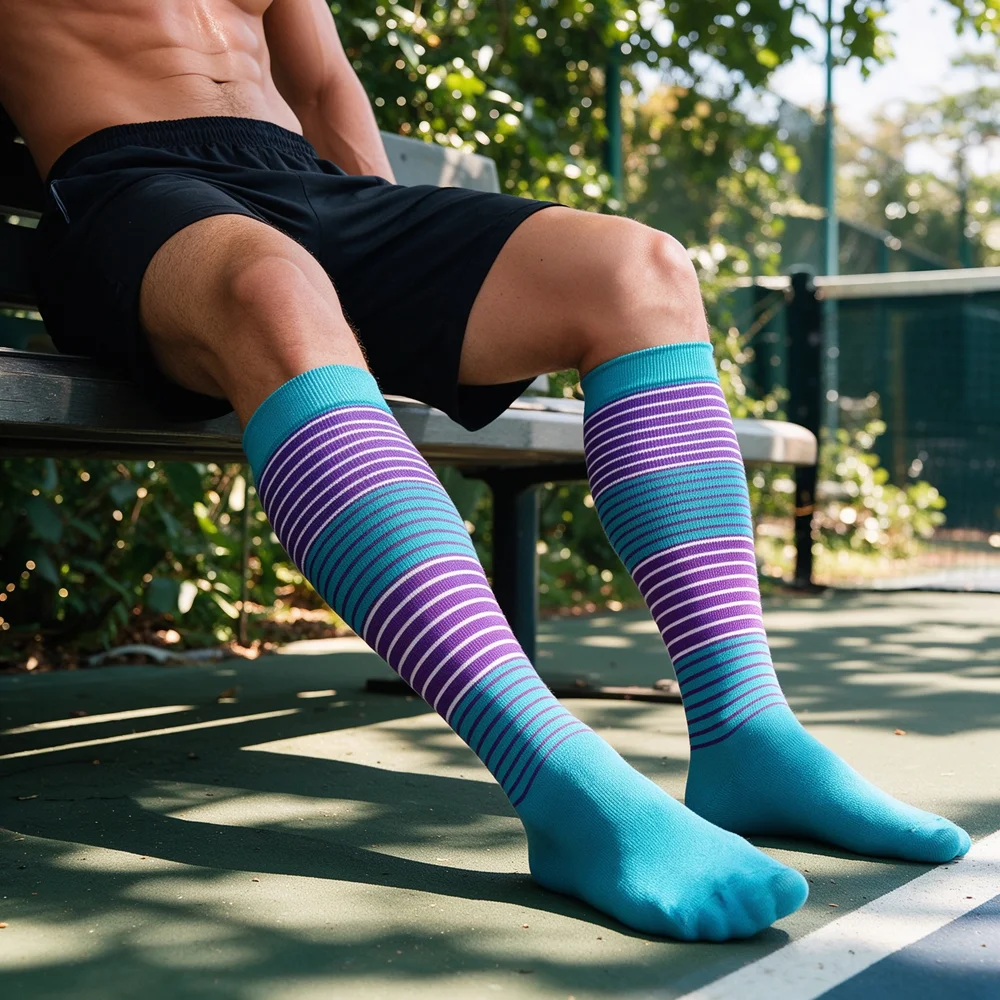 Compression Socks for Men Women Knee High Athletic Running Sports Socks Striped Support Circulation Gym