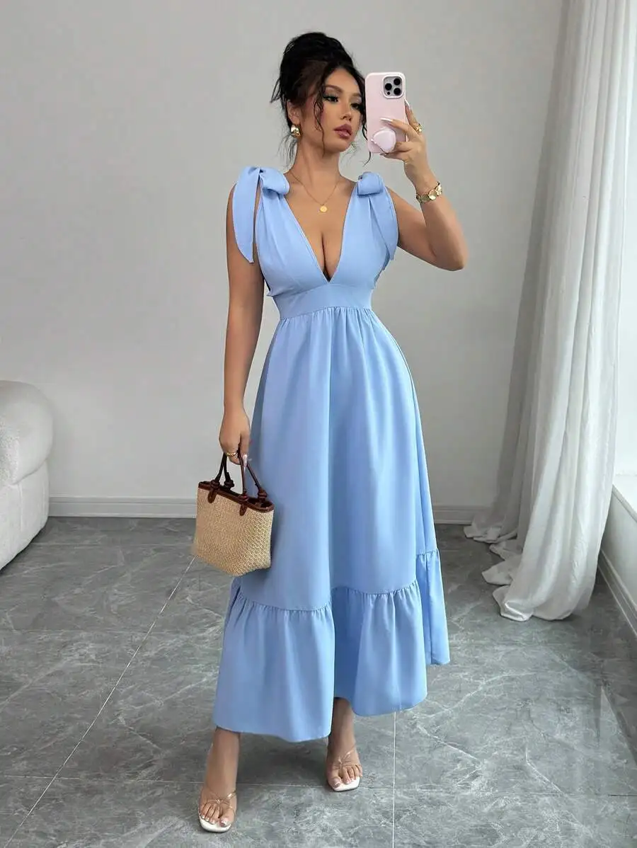 

Light Blue V-Neck Sleeveless Flowy Midi Dress with Bowknot Shoulders