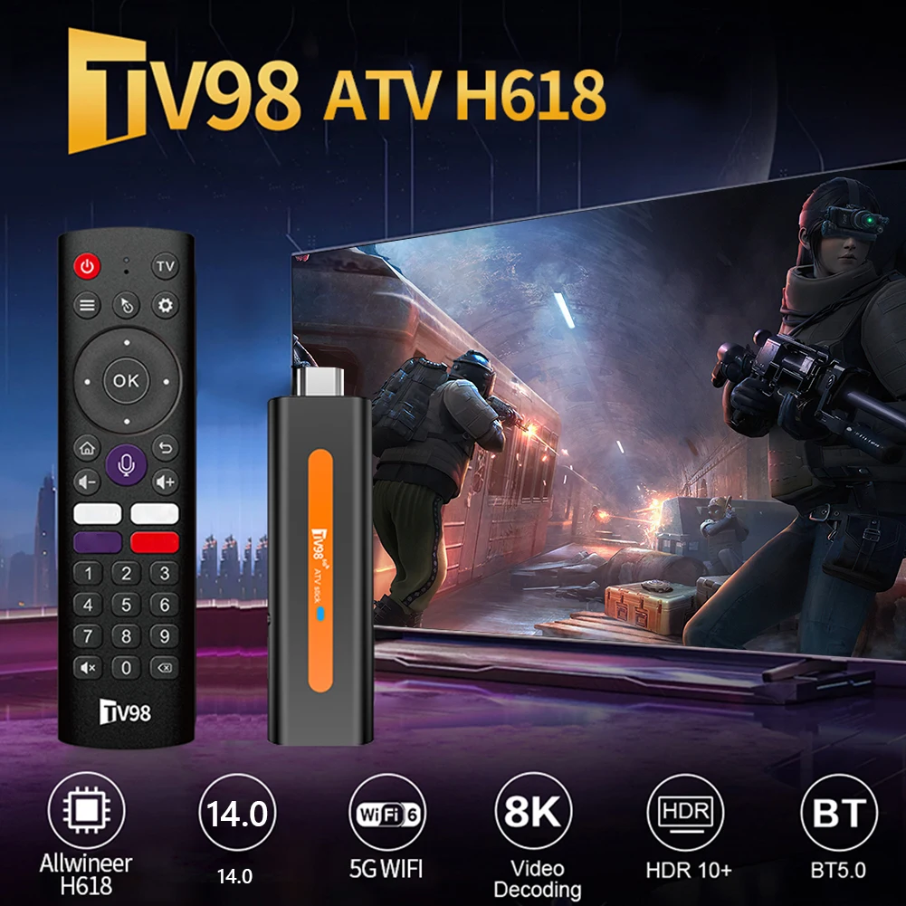 Kotak TV ATV TV98 stik TV Box Android 14, Set Top Box pemutar Media Set Top Box HD 4K 2K kendali suara 2.4G & 5G Dual WiFi BT5.0