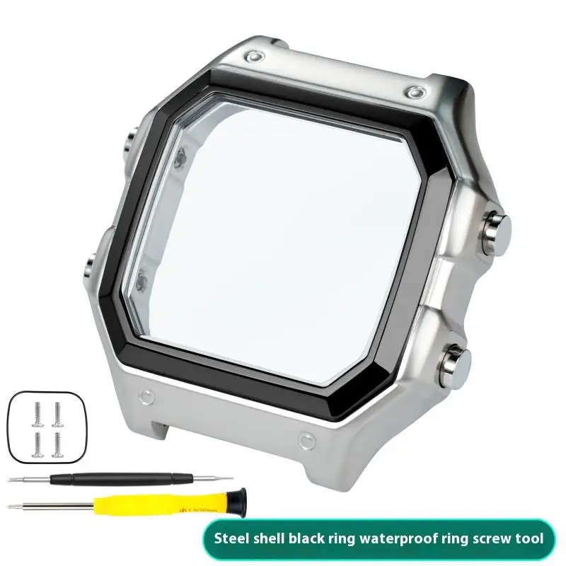 Für Casio 3299 AE-1200WH Uhrengehäuse, modifiziertes AE1200 Edelstahl-Uhrengehäuse, Metallgehäuse mit wasserdichtem Ring, Schwarz und Silber