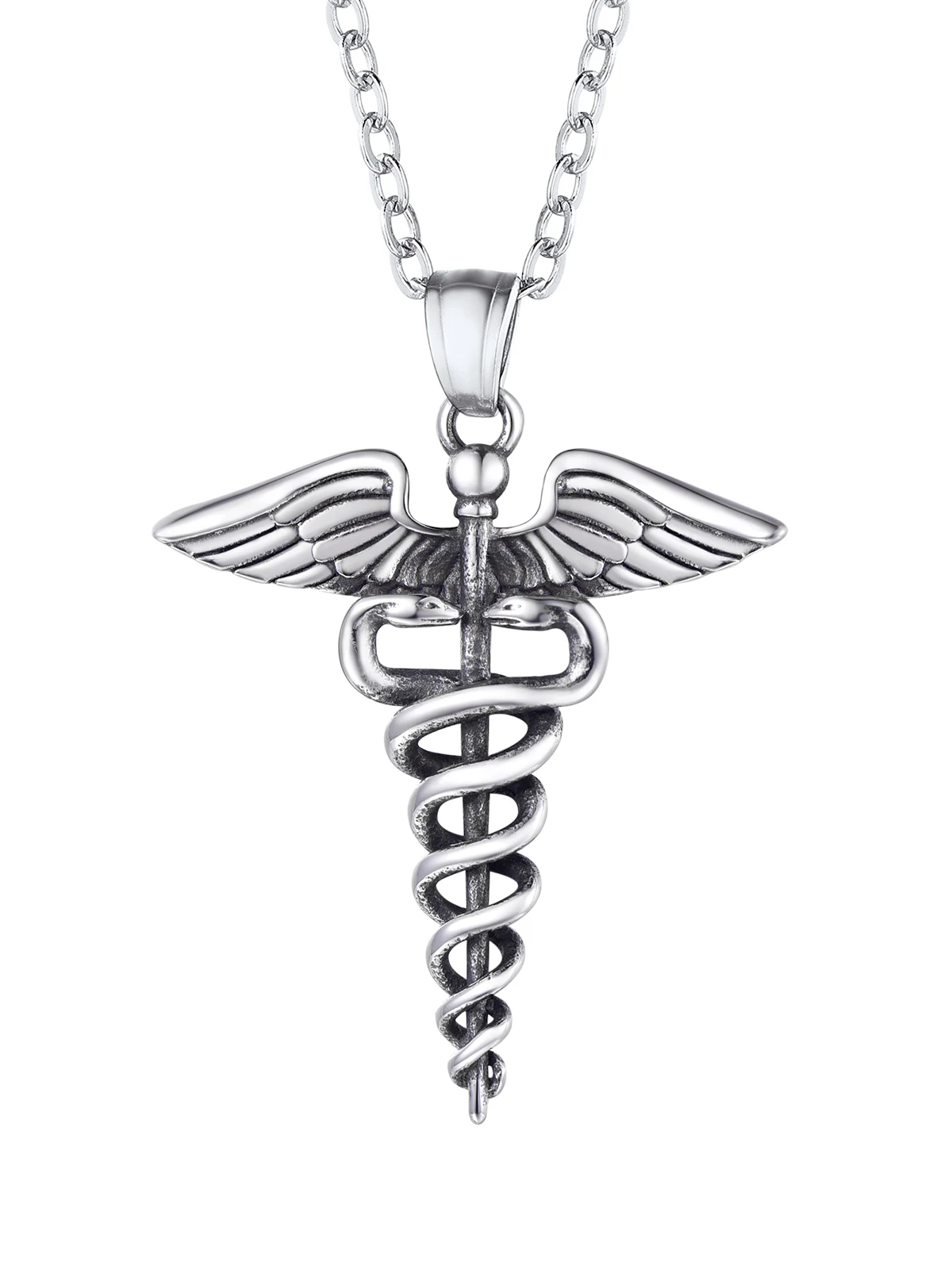 Collares Caduceo U7, Símbolo Médico, Enfermera, Doctor, Acero Inoxidable, Doble Serpiente con Alas, Símbolo Mitológico, Collares para Mujeres y Hombres