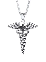 U7 Caduceus Necklaces Medical Symbol Nurse Doctor Stainless Steel Double Snake Wings Mythology Symbol Necklaces for Women Men