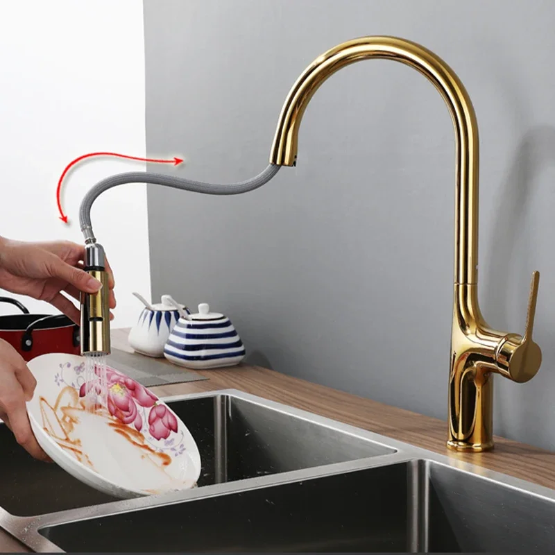 Gold Kitchen Faucets  Pull Out Rotation Waterfall Stream Sprayer Head Sink Mixer Brushed Nickle Water Tap