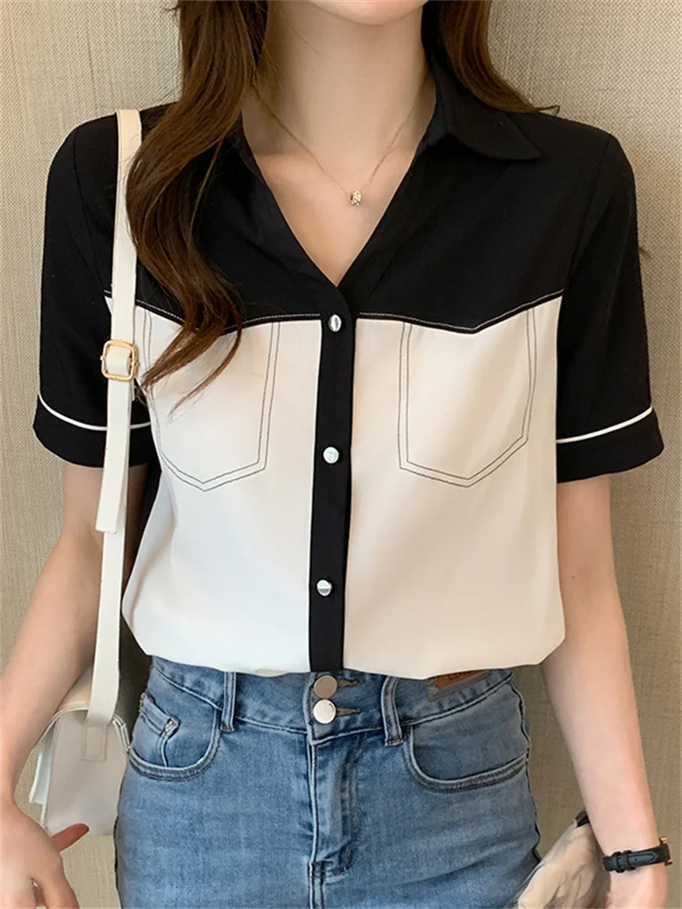 #3335 Black And White Chiffon Shirts Women V-neck Single Breasted Chiffon Shirts Female Short Sleeve Elegant Office Shirts Slim