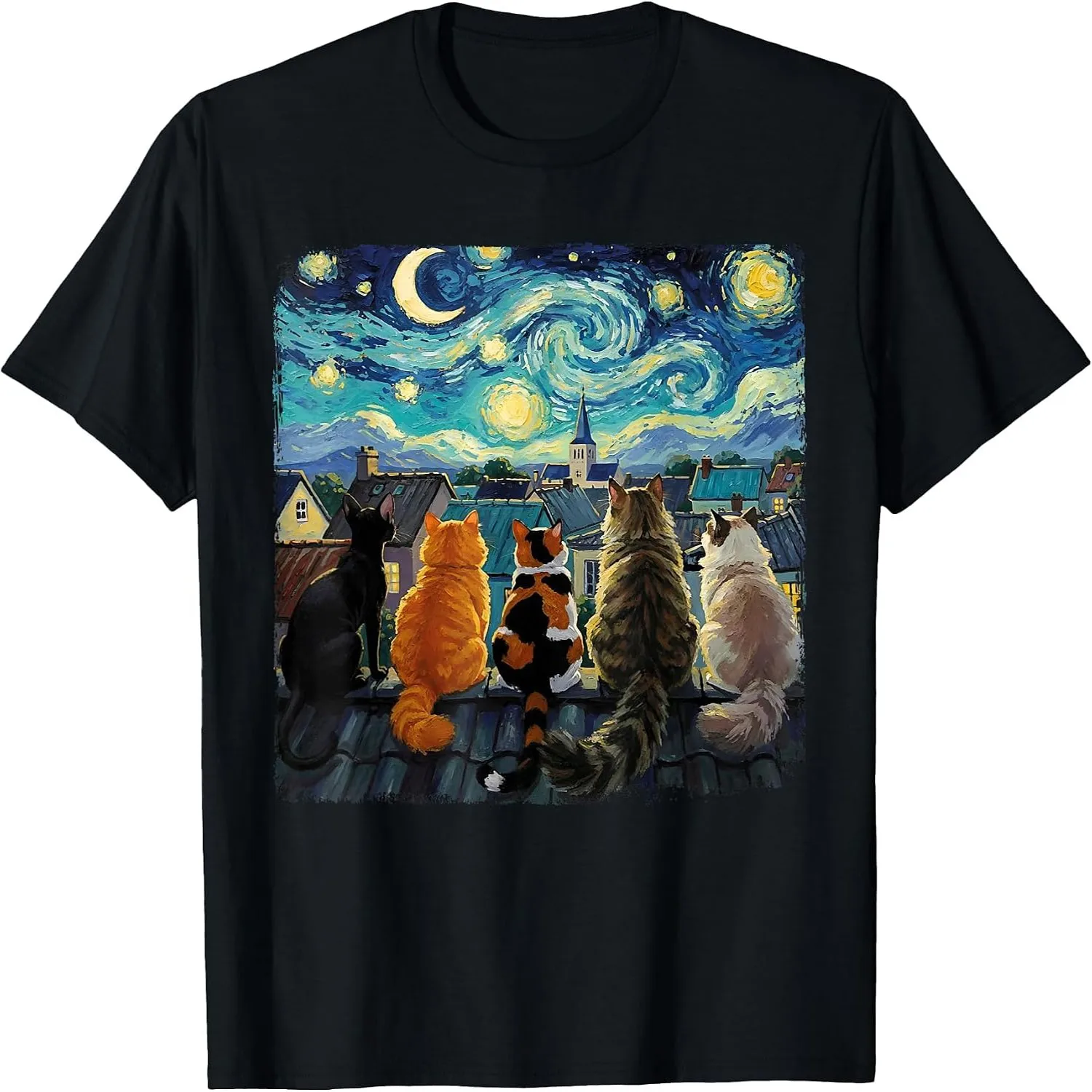 Van Gogh Starry Night Five Cats On Roof Classic Art Parody Graphic T-Shirt