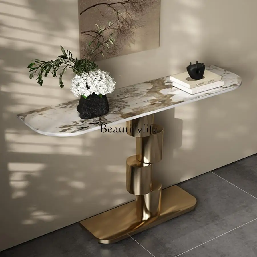 Simple and creative light luxury rock slab entrance table end view table living room against the wall