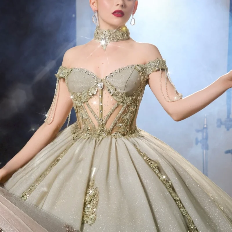 

Shiny olive green Quinceanera Dress glitter flower Decal crystal Long tail Bow Vestidos De 15 Quinceanera ﻿Customize