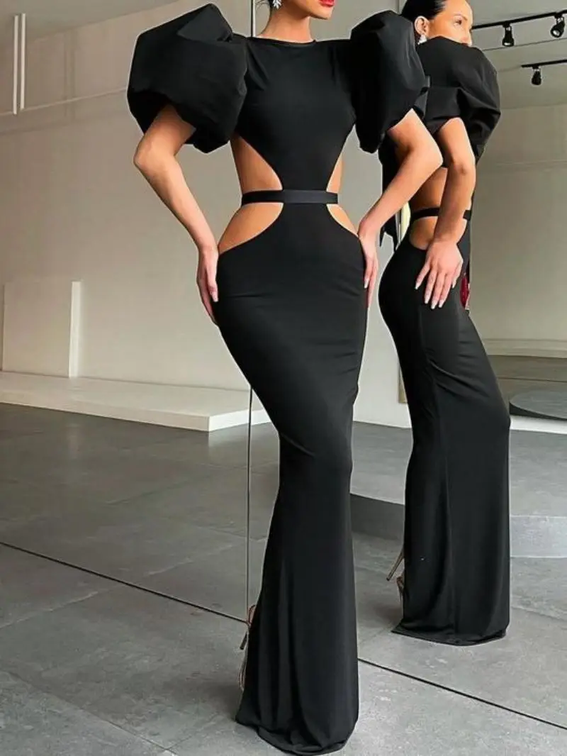 Mới Hở Lưng Thắt Nơ Gợi Cảm Dài Váy Bong Bóng Tay Dự Tiệc Dạ Hội Hông Đầm Ôm Vestidos