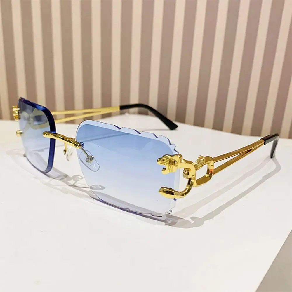 

Cool Rimless Cut Edge Sunglasses Metal Temples UV400 Rectangle Sun Glasses Cheetah Design Sunglasses for Women & Men
