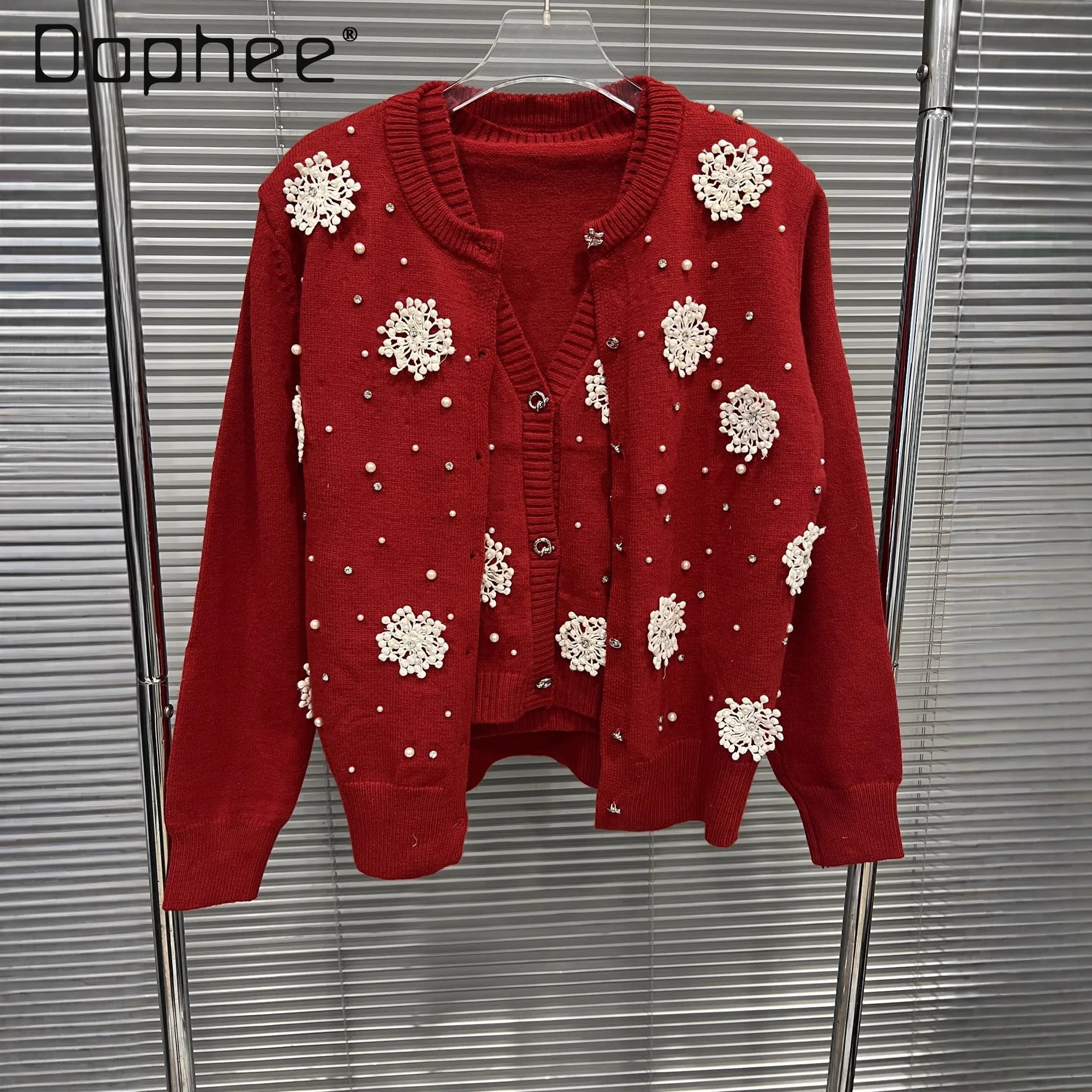 

2025 Autumn Winter New French Style Fashion Heavy Craft Flower Beaded Knitted Cardigan V-Neck Sleeveless Pullover Two-Piece Set