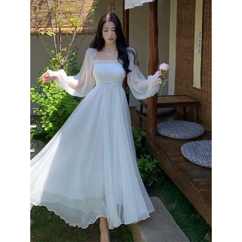 Gaun Pantai Wanita Satu Bahu Lengan Panjang Berpinggang Ramping Bahan Polyester Ringan Model Maxi Kasual untuk Liburan