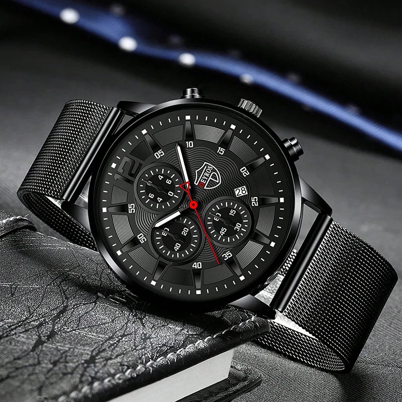 DEYROS Watches for Men Business Casual Stainless Steel Watches Fashion Mens Quartz Wristwatch Calendar Date Bracelet Set